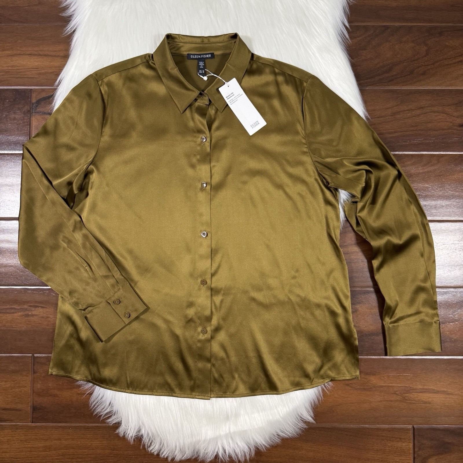Eileen Fisher Size Xs Gold Leaf Stretch Silk Charmeuse Classic Collar Shirt Top